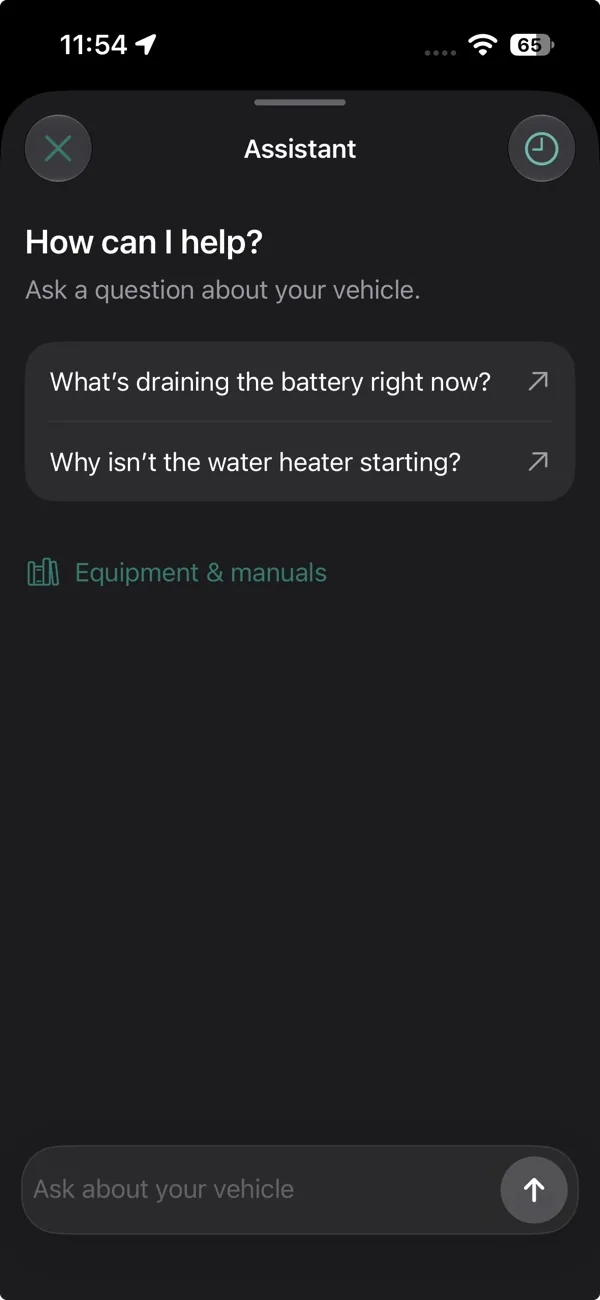 Owner app assistant with suggested questions and equipment manuals