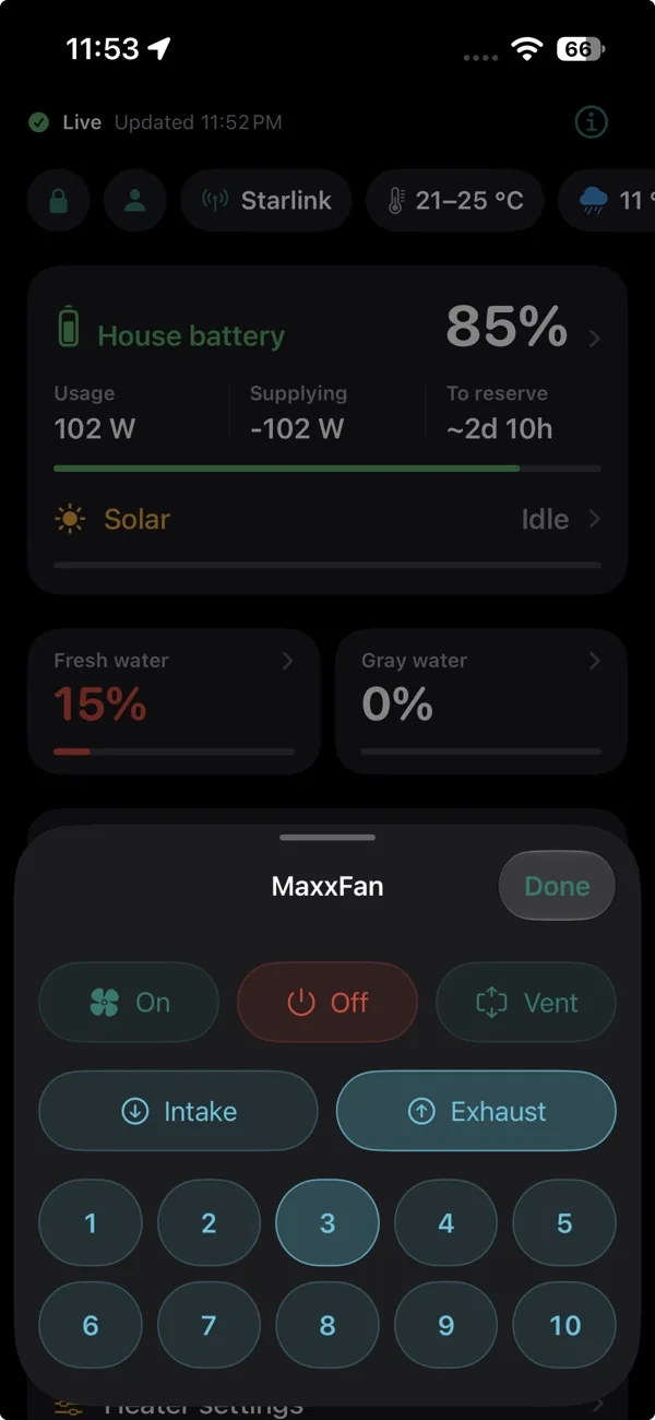 Owner app MaxxFan controls with on, off, vent, intake or exhaust and ten speeds