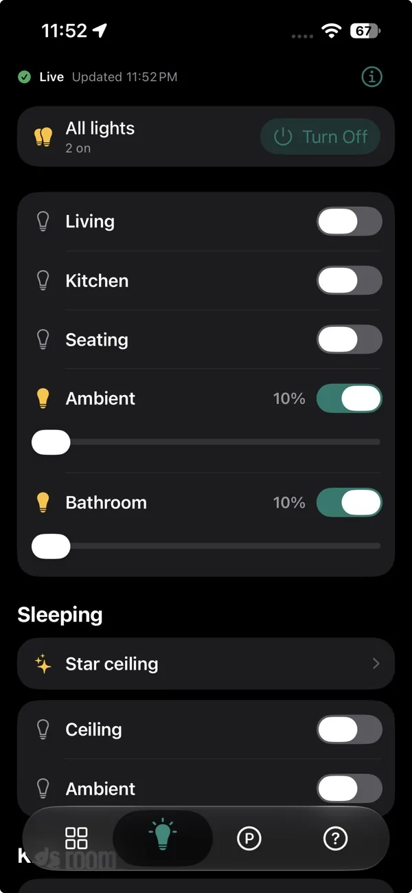 Owner app lighting controls grouped by room with switches and dimmers