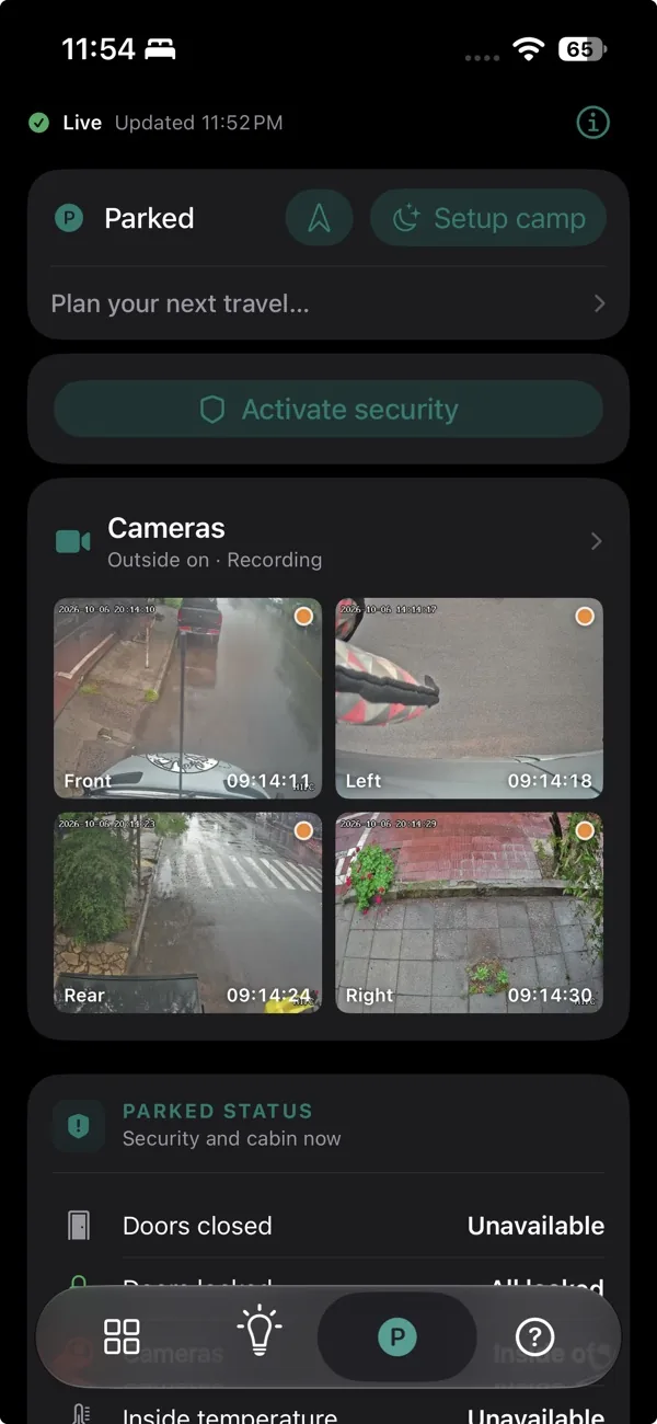 Owner app parked view with four live camera previews and the parked status