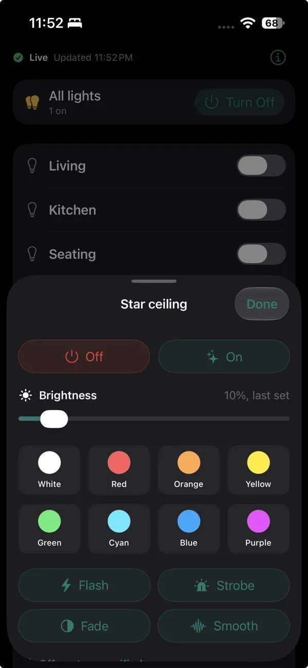 Owner app star ceiling controls with brightness, colours and effects