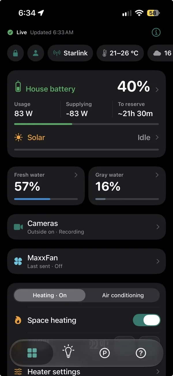 Owner app overview: house battery, solar, fresh and gray water, cameras, fan and heating on one screen