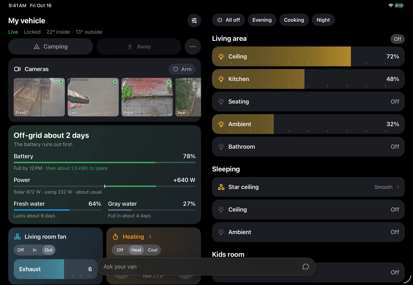 The Weft app on an iPad in landscape: Home with cameras, days off-grid, battery, power and water, the fan and heating, beside every light by room
