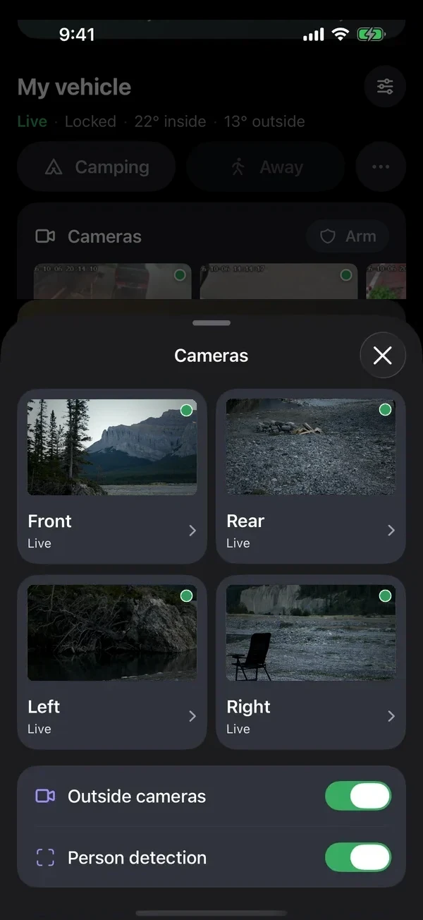The Cameras sheet in the Weft app: four live outside cameras, inside recordings, and switches for person detection