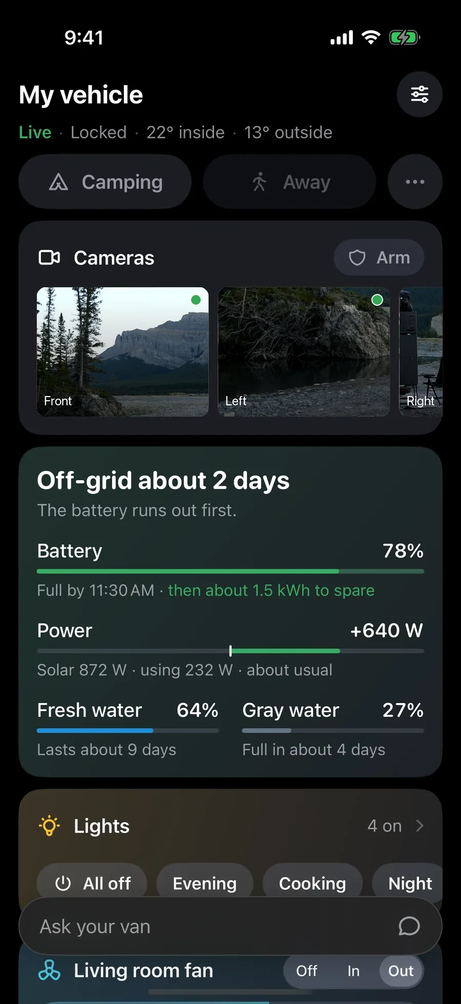 The Weft app's Home screen: cameras, about two days off-grid, battery, power and water